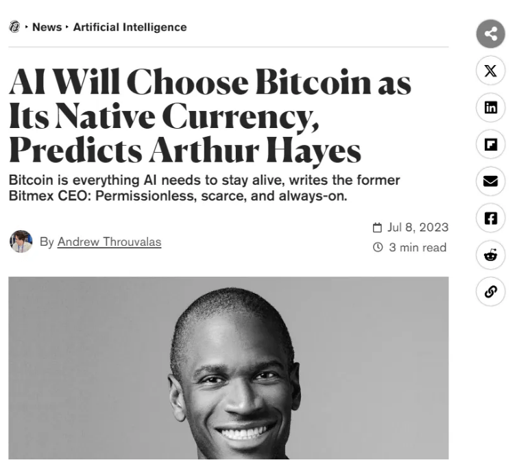 Arthur Hayes on AI Will Choose BTC as Native Internet Currency