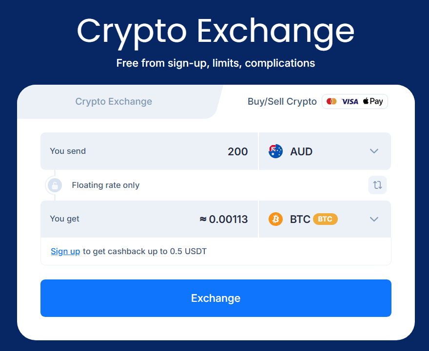 Buy Bitcoin Australia on SimpleSwap with ApplePay